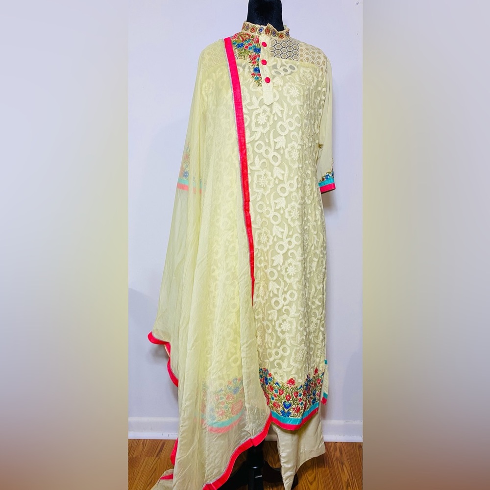 Indian Khaadi Pret Floral Embroidered Designer Multicolor Salwar Kameez 3 Pc